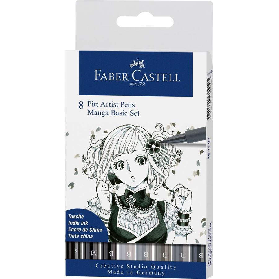 Faber Castell Pitt Artist Manga Set - Wallet of 8 - 6 x Mono Tones Brush Pens + 0.3mm, 0.7mm