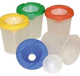 Non-spill paint or water pot with lid and stopper.