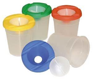 Non-spill paint or water pot with lid and stopper.