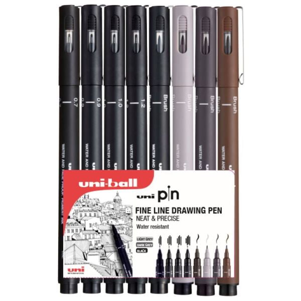 UNI-Pin Fine Line Drawing Pens - Set of 8 (Blacks, Greys, Sepia)