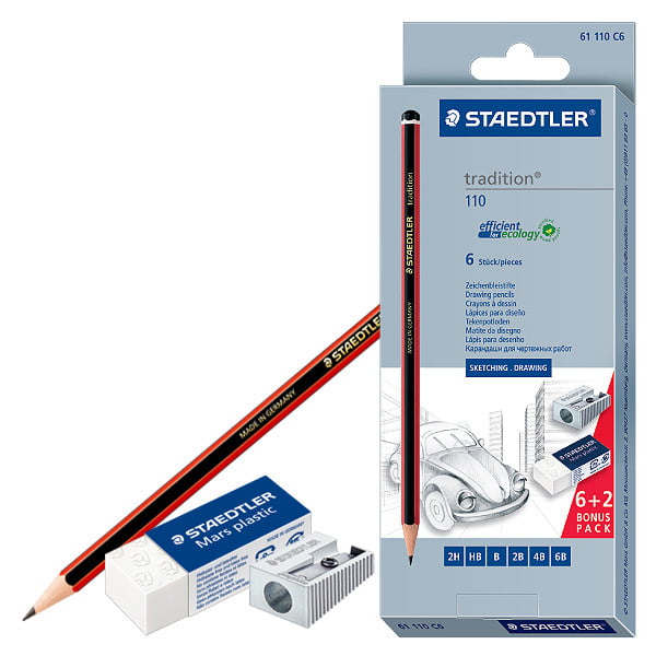 Staedtler Set 6 asstd Tradition Drawing Pencils + sharpener & eraser