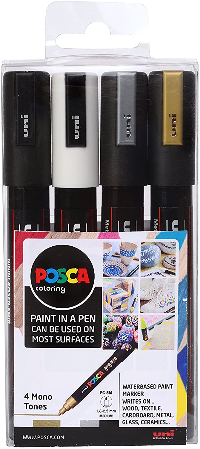 POSCA PC 5M (Medium tip 1.8 - 2.5mm) Paint Marker Set of 4 - Gold, Silver, Black & White